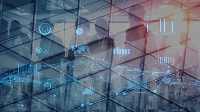 Silhouettes of business people in a modern office show the connection between teamwork and digital data visualization against a cityscape backdrop, symbolizing corporate innovation. Xenic