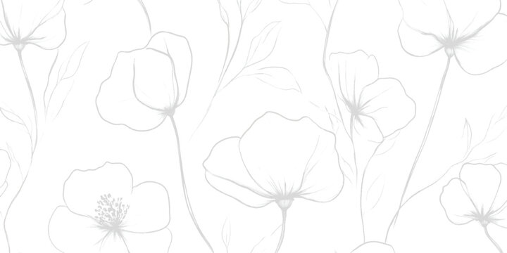 Delicate grey line poppy flowers and leaves pattern on white background floral