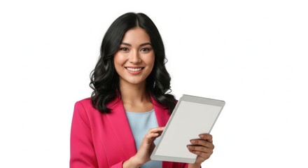 Fototapeta premium Smiling businesswoman, holding tablet, pink blazer, professional portrait, isolated on white