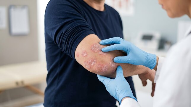 Healthcare Professional Examining Patient's Arm with Skin Condition; Doctor Wearing Gloves Inspecting Dermatitis or Psoriasis on Elbow