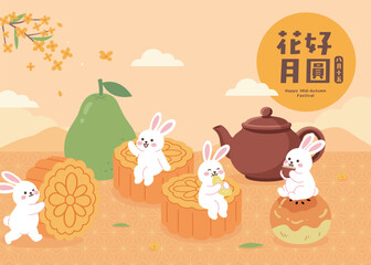 Cute Mid-Autumn Festival Vector Illustration with Jade Rabbits and Mooncakes © Designina