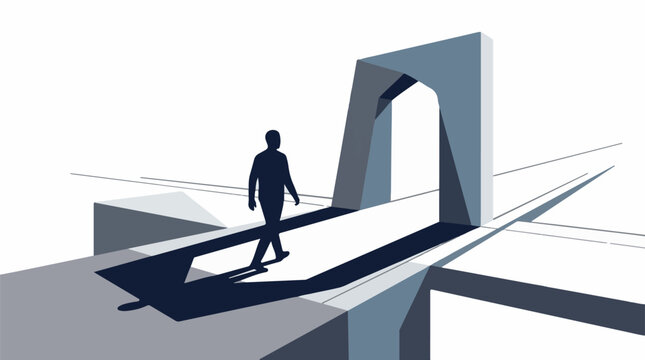 A man walks on a modern abstract bridge structure