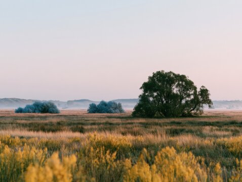 Wide environmental spring meadow with a lone tree and misty foliage under a warm linen sky for seasonal nature background and design layout