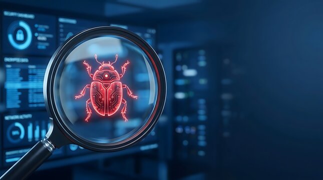Magnifying glass inspects glowing red digital bug symbol against a dark blue background with computer data screens