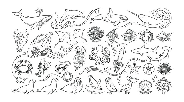 Ocean life vector collection, marine animals and sea creatures, underwater world line art, aquatic wildlife illustrations for educational and design projects