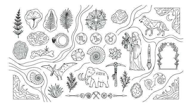 Ancient history vector icon collection, prehistoric nature and mythology symbols, vintage geology and paleontology illustrations, astrological zodiac signs, black and white line art set