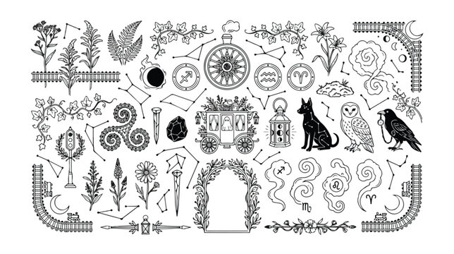 Mystical celestial vector icon set, magical esoteric symbols, vintage alchemy illustrations, fantasy witchcraft elements for spiritual designs
