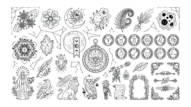 Mystical celestial vector art collection, black and white esoteric spiritual symbols, magical astrology and zodiac signs, occult hand-drawn illustrations for witchcraft and divination designs