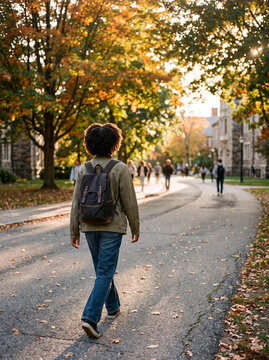 Black woman college student walking on college campus in the fall