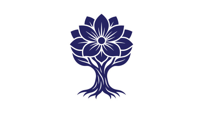 Stylized blue silhouette icon of a blooming flower growing out from a tree trunk with roots botanical silhouette environment monochrome illustration isolated foundation abstract creative