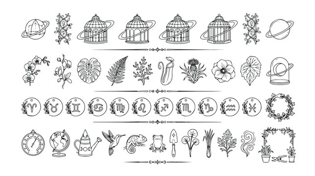 Botanical and Astrological Line Art Vector Icon Set, 40 Hand-Drawn Minimalist Black and White Nature and Zodiac Symbols, Elegant Decorative Elements for Branding and Web Design