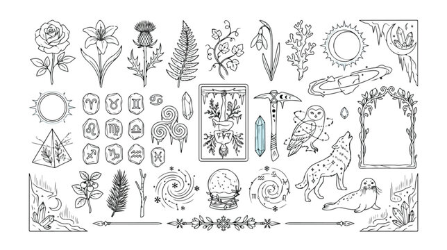 Mystical celestial vector icon set, hand-drawn nature and zodiac symbols, magical animal illustrations, esoteric design elements for spiritual branding and witchcraft themes