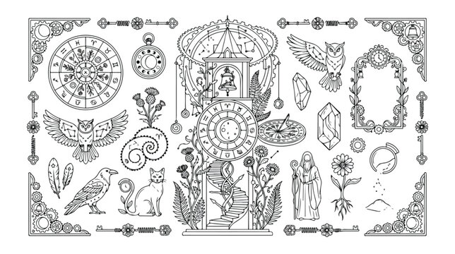 Mystical black and white vector set, occult and esoteric symbols, magical creatures and celestial elements, vintage alchemy and witchcraft illustrations