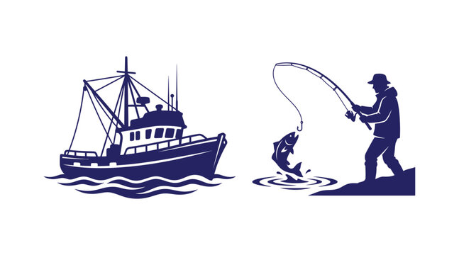 Set of nautical blue silhouette icons featuring a fishing trawler and a person fishing from rocky shore fisherman nautical silhouette maritime recreation activity monochrome illustration