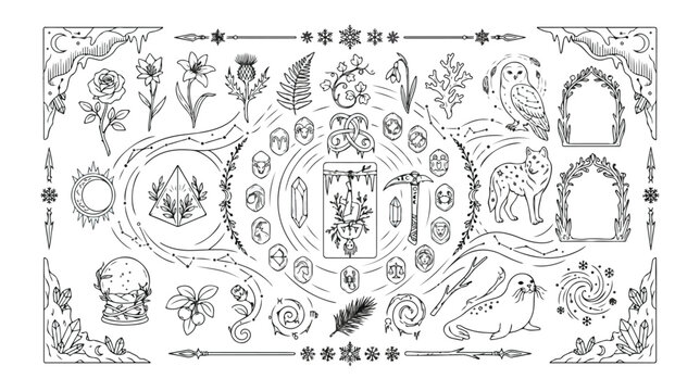 Mystical nature vector collection, esoteric hand-drawn line art elements, magical wildlife and botanical illustrations, spiritual symbols and decorative frames for witchcraft and fantasy designs