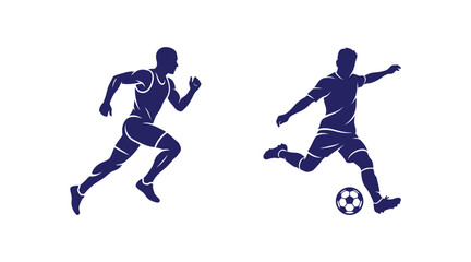 Fototapeta premium Set of two athletic soccer player silhouettes in blue with football silhouette activity competition training exercise movement performance athletic matchday practice recreation physical