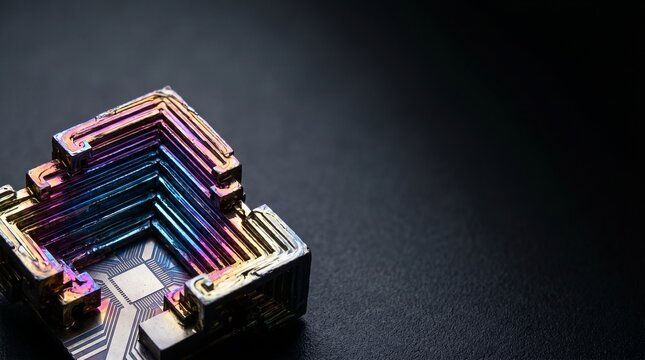 Iridescent bismuth crystal with geometric stepped structures showing vibrant rainbow colors isolated against a dark smooth matte black background surface