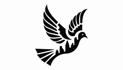 Fototapeta premium Black silhouette of a dove flying over a cityscape