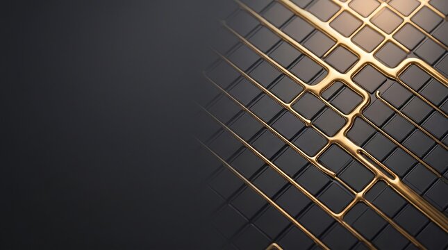 Abstract three dimensional background featuring dark square tiles with flowing golden liquid metal lines across a smooth modern digital surface