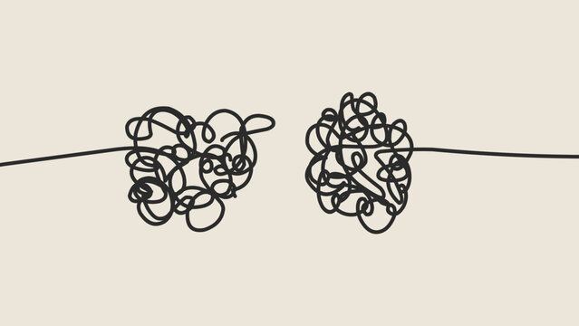 Two tangled abstract scribble lines vector illustration on cream background, complex knot doodle concept of confusion, mental health anxiety, problem solving or difficult connection