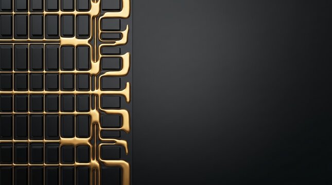 Abstract background featuring a sophisticated black grid pattern integrated with flowing molten gold liquid elements in a minimalist studio setting