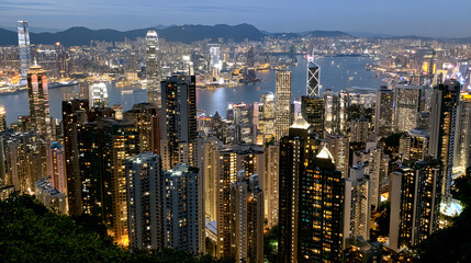 Obraz premium Breathtaking Night View of Hong Kong Skyline from Victoria Peak Illuminated by City Lights