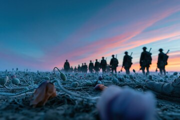 Silhouettes of vintage world war soldiers walking through a poppy field at sunset for an armistice day and historical veterans tribute