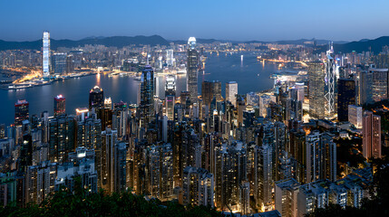 Fototapeta premium Stunning Night Skyline of Hong Kong from Victoria Peak with Sparkling Lights and Urban Landscape