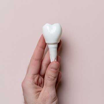 White dental implant model held by a person against a pale blush pink background for oral healthcare and restorative dentistry concepts