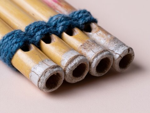Weathered Andean pan flute with blue woven cord on a beige surface, featuring rustic reed texture and hollow openings for world music themes