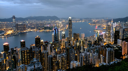 Fototapeta premium Nighttime Skyline View of Hong Kong from Victoria Peak Capturing City Lights and Urban Landscape