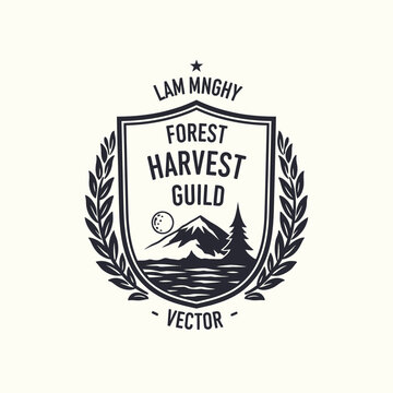 Forest harvest guild shield emblem with mountain peaks.