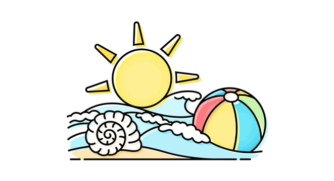 Beach Ball and Seashell on Sand.