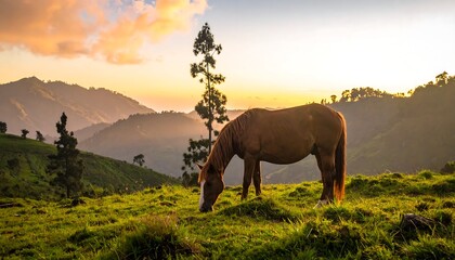 Naklejka premium A solitary brown horse grazes in a green meadow with rolling hills and a vibrant sunset illuminating the sky. The landscape is peaceful