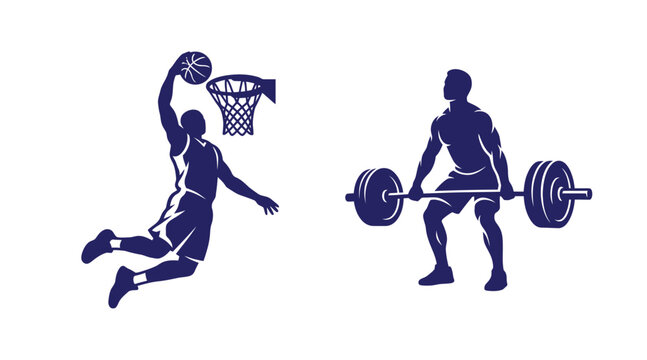 Sports silhouettes of basketball player dunking and weightlifter with basketball weightlifting exercise silhouette training competition muscular movement physical strength performance