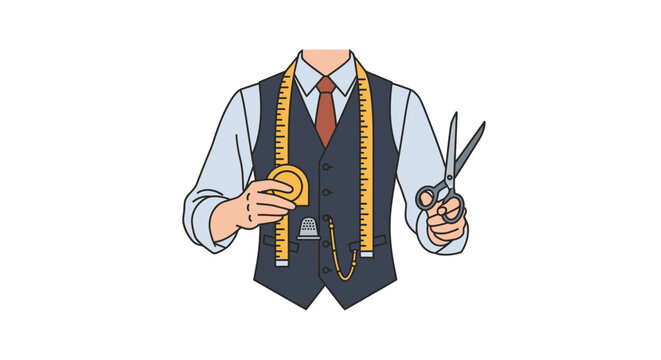 Cartoon tailor with measuring tape and scissors.