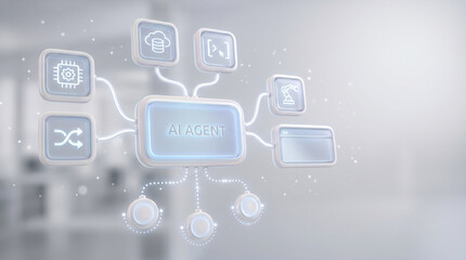 Fototapeta premium Futuristic AI workflow interface featuring connected automation modules, data systems, and technology nodes, visualizing intelligent orchestration, process automation, and enterprise AI operations.