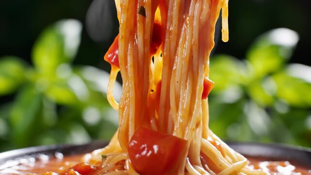 Close-up of hot steaming spaghetti noodles covered in thick red tomato sauce with fresh tomato chunks and herbs held up by black chopsticks against a blurry green background.