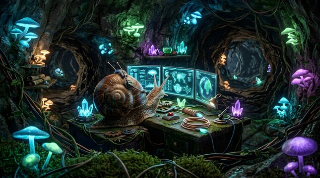 Underground Data Engineer Snail Managing a Bioluminescent Cave Network