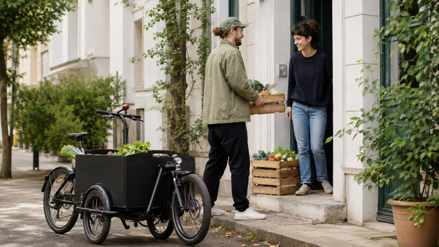Man delivering fresh produce to woman on urban residential street with bicycle