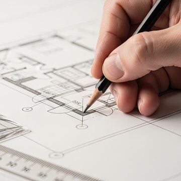 Architect drawing residential floor plan with pencil