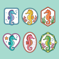 A collection of colorful seahorse illustrations in various decorative frames © Osamu