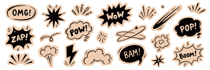 Comic boom cartoon sticker set. Hand drawn comic boom sticker with paper scrapbook collage cutout texture. Wow speech bubble burst explosion dialog grunge ripped elements. Vector illustration © Polina Tomtosova