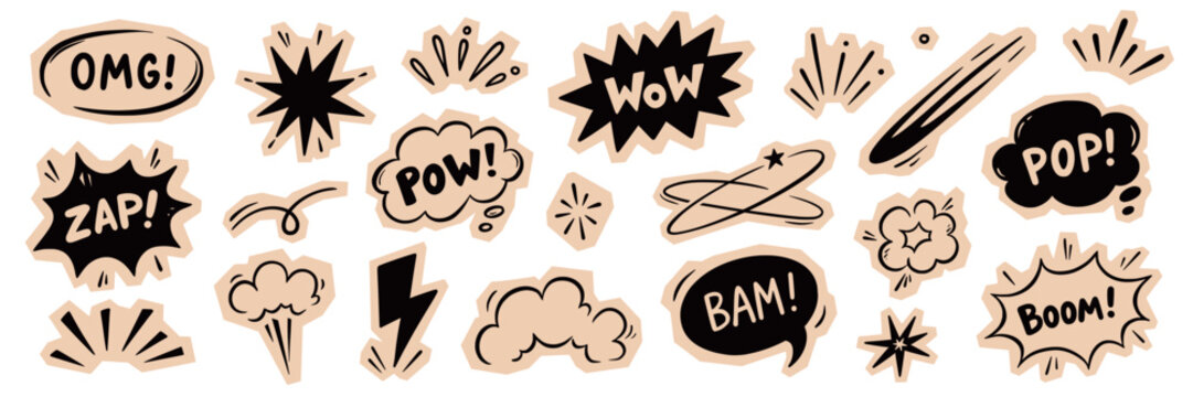 Comic boom cartoon sticker set. Hand drawn comic boom sticker with paper scrapbook collage cutout texture. Wow speech bubble burst explosion dialog grunge ripped elements. Vector illustration