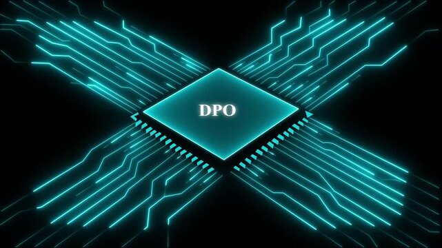 D P O data processing optical circuit board with glowing blue lines and microchip on black background for tech and innovation projects Technology and network concept.