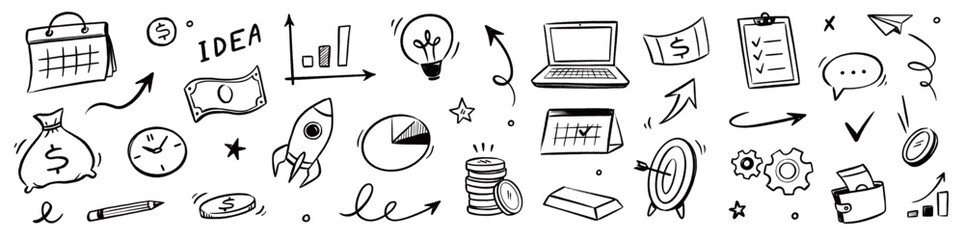 Business money doodle icon set. Hand drawn business money icon calendar with chalk doodle graph arrow finance. Marketing growth goal analytics rocket innovation elements. Vector illustration © Polina Tomtosova