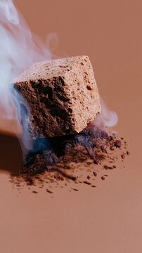 Textured volcanic stone podium with rising steam and cochineal dye droplets, monochromatic red-brown minimalist mockup background for product showcase