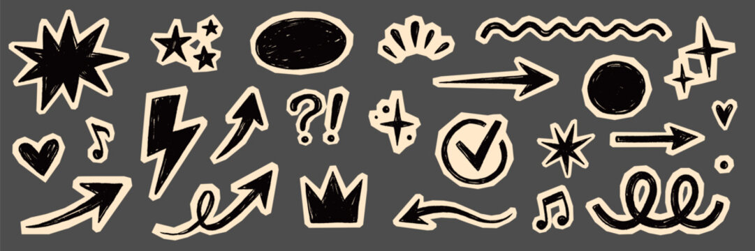 Paper collage scrapbook element set. Hand drawn paper collage sticker with doodle line heart arrow notebook texture. Cute grunge newspaper crown rock punk retro background. Vector illustration