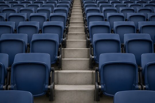 Rows of empty blue stadium seats arranged in a symmetrical pattern.