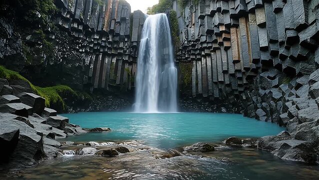 Steady shot of basalt waterfall and turquoise pool for travel documentary and tourism promotion
